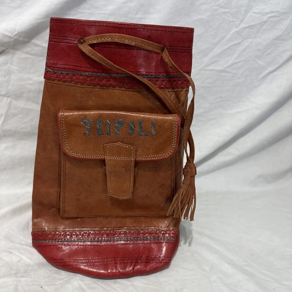 Vintage Cyprus Tourist Leather Drawstring Wrist Bag Handbag Wristlet Purse Tote‎